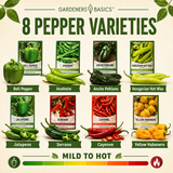 Eight heirloom pepper varieties from sweet bell pepper to hot yellow habanero