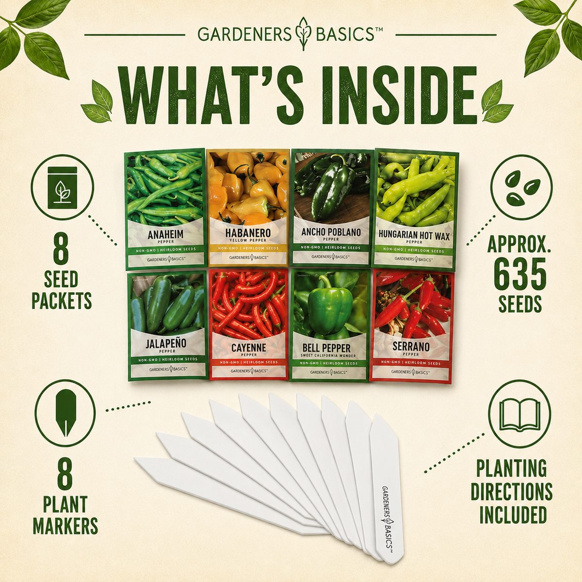 Approximately 635 pepper seeds in eight labeled packets with eight plant markers