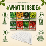 Approximately 635 pepper seeds in eight labeled packets with eight plant markers