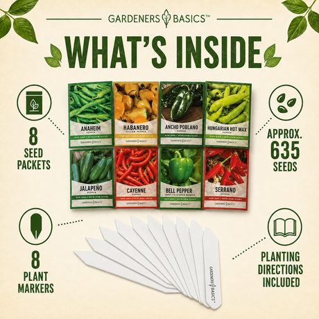 Approximately 635 pepper seeds in eight labeled packets with eight plant markers