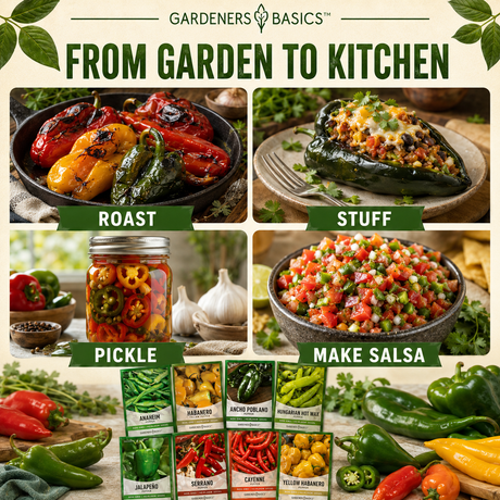 Hot and sweet peppers for salsa, roasting, stuffing, pickling, drying, and sauces