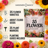 Gardeners Basics 35 Flower Seeds bag shown on a cream background with decorative flowers around the edges and text listing key features: 35 flower varieties, about 23,000 seeds, 35 plant markers, and planting guides included.
