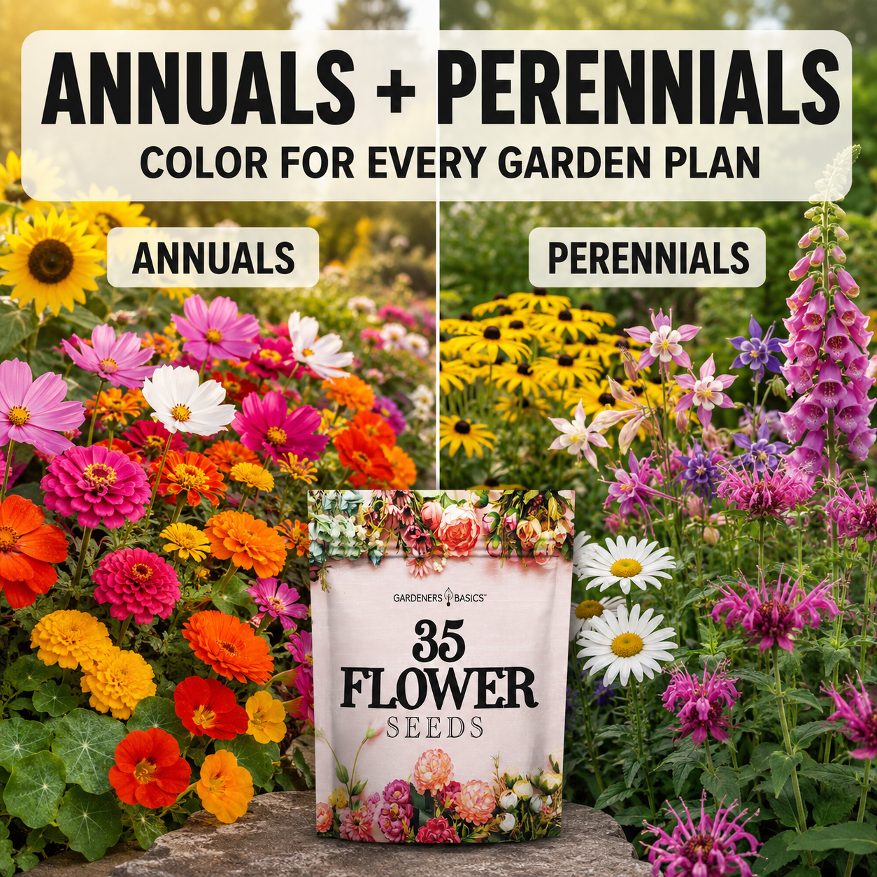 A bag of Garden to Meist 35 Flower Seeds sits on a stone surface in a garden setting, with a split background showing colorful annual flowers on the left and perennials on the right. Large text at the top reads 'ANNUALS + PERENNIALS COLOR FOR EVERY GARDEN PLAN'.