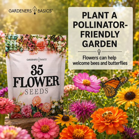 Gardeners Basics 35 Flower Seeds bag shown in a colorful garden scene with flowers and a monarch butterfly, alongside text that says 'Plant a Pollinator-Friendly Garden' and 'Flowers can help welcome bees and butterflies.'.