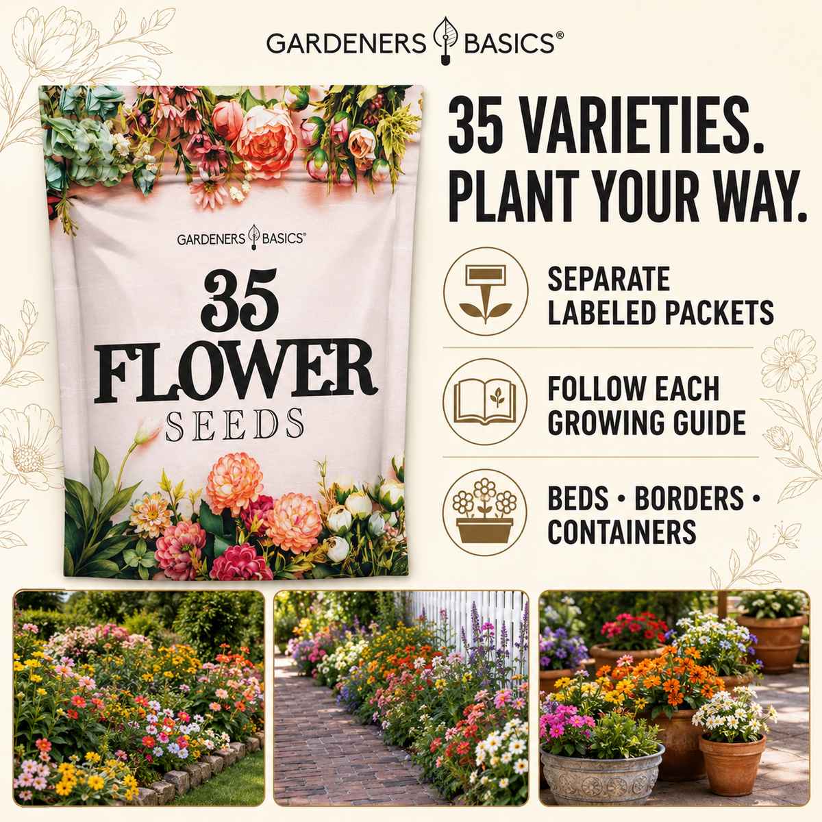 Gardeners Basics 35 Flower Seeds promotional graphic showing a large bag of seeds, feature callouts, and three garden bed photos. The bag is cream with floral artwork and black text.