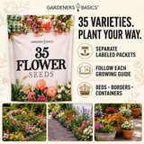 Gardeners Basics 35 Flower Seeds promotional graphic showing a large bag of seeds, feature callouts, and three garden bed photos. The bag is cream with floral artwork and black text.