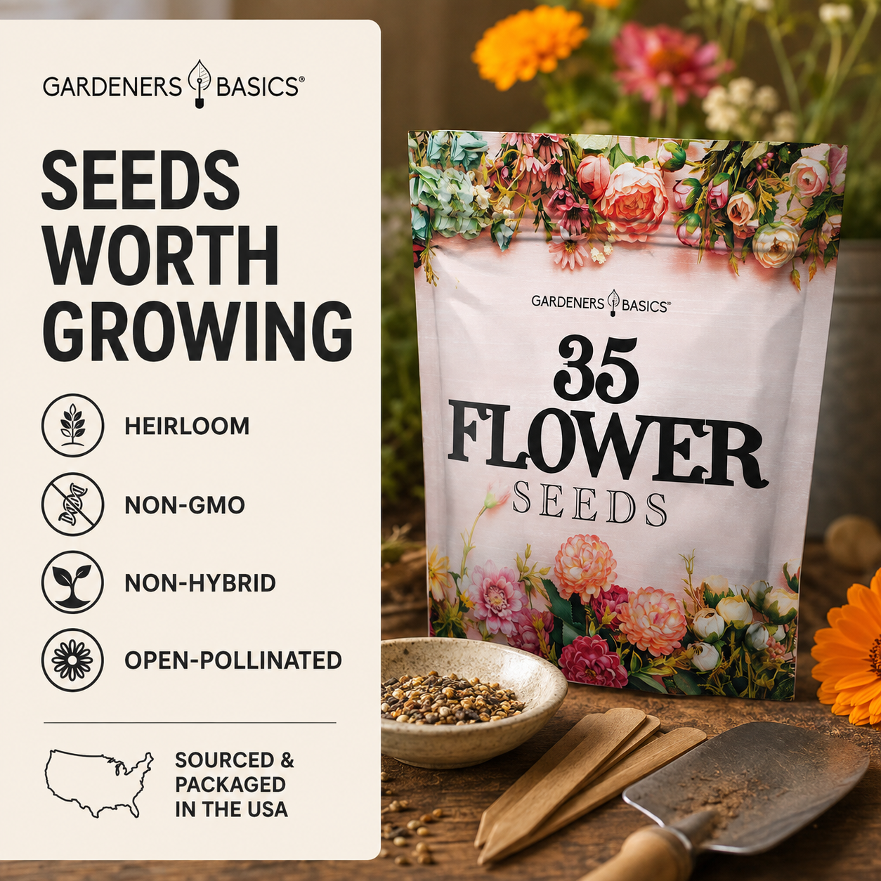 Gardeners Basics 35 Flower Seeds pouch shown on a rustic wooden table with gardening tools and flowers in the background, alongside a large informational panel highlighting key product benefits.