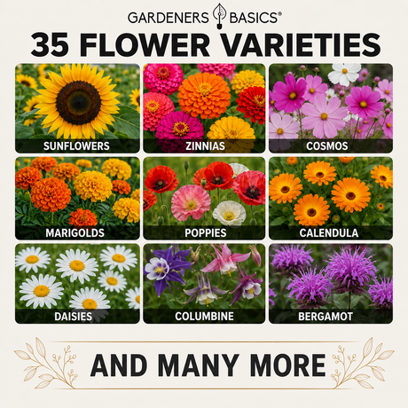 Promotional graphic for Gardeners Basics featuring a grid of 35 flower varieties, including sunflowers, zinnias, cosmos, marigolds, poppies, calendula, daisies, columbine, and bergamot, with text reading '35 Flower Varieties' and 'And Many More'.