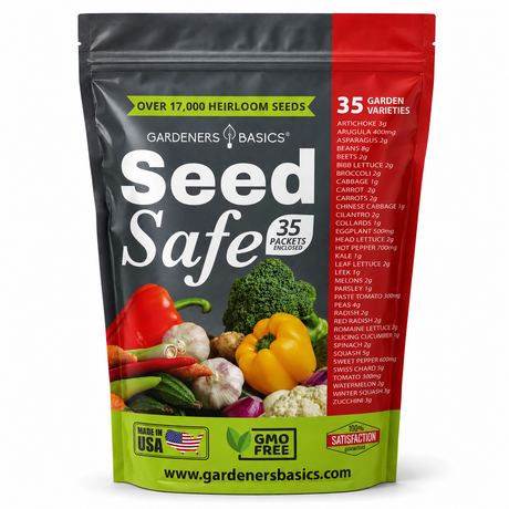 A stand-up pouch of Gardeners Basics Seed Safe seeds, featuring a black and red design with a green band at the bottom, illustrated vegetables, and text listing 35 garden varieties and over 17,000 heirloom seeds.