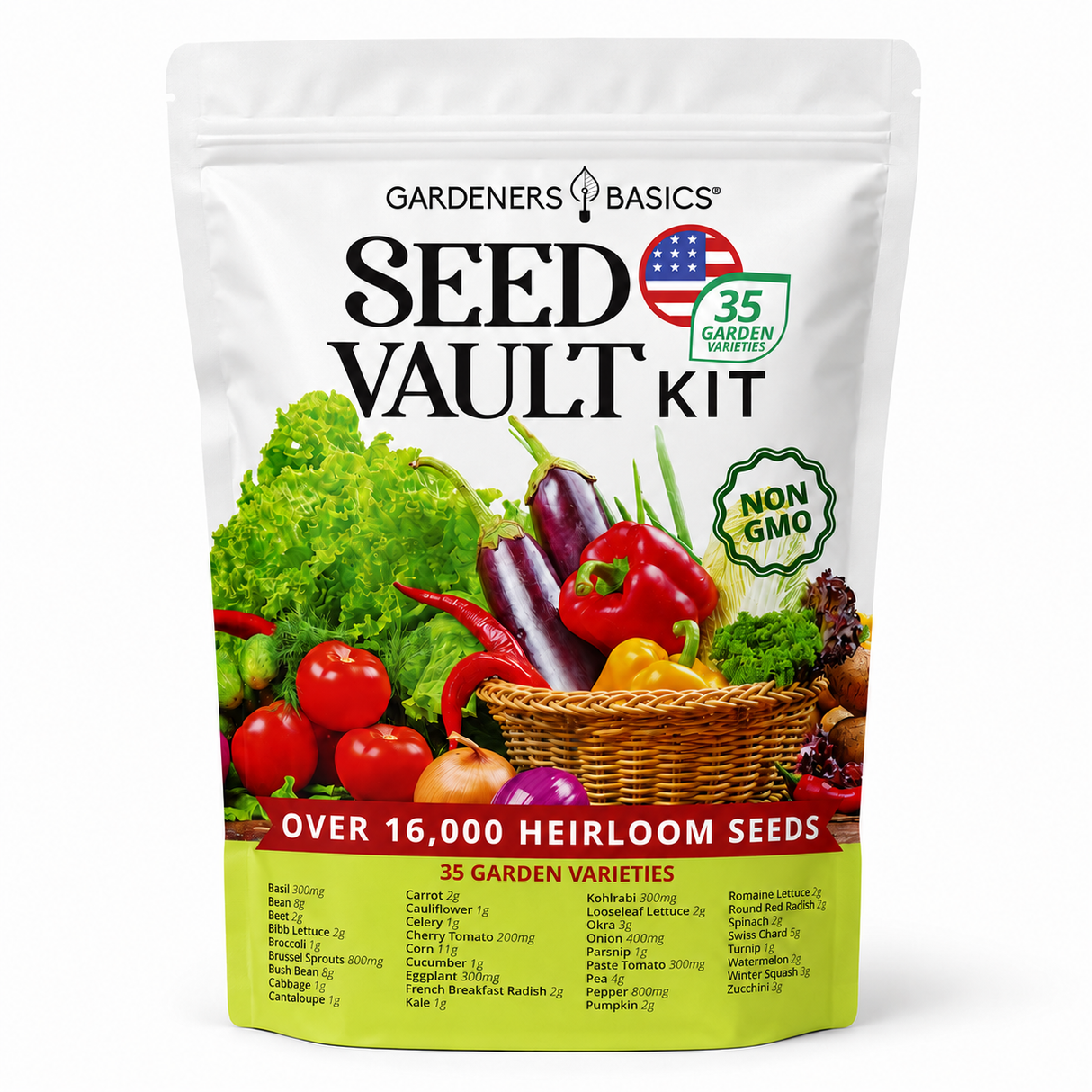Gardeners Basics Seed Vault Kit with 35 heirloom seed varieties, 16,000+ seeds, and a resealable Mylar bag