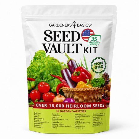 Gardeners Basics Seed Vault Kit with 35 heirloom seed varieties, 16,000+ seeds, and a resealable Mylar bag