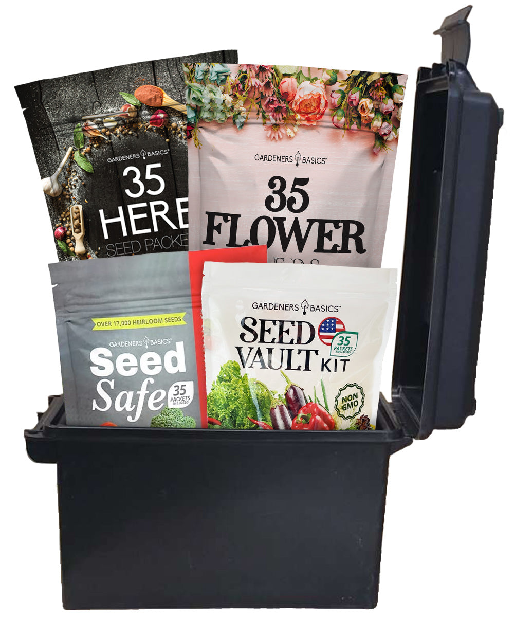 Gardeners Basics Ultimate Survival Seed Kit with four 35-variety Mylar seed bags displayed in the included black ammo can