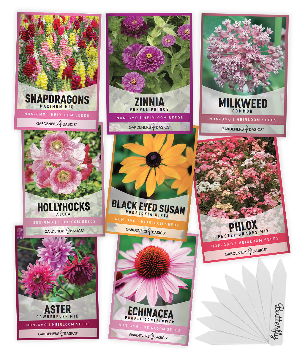 Gardeners Basics Butterfly Garden collection with 8 flower seed packets and plant markers
