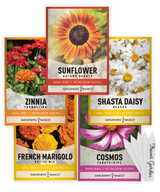 Gardeners Basics Flower Garden collection with five seed packets, including Alaska Shasta Daisy, and plant markers