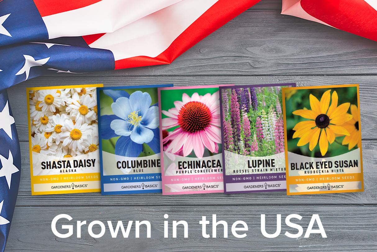 Five perennial flower seed packets displayed beneath an American flag with a Grown in the USA message