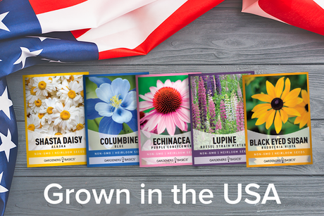 Five perennial flower seed packets displayed beneath an American flag with a Grown in the USA message