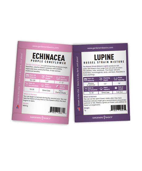 Backs of purple coneflower echinacea and Russell strain lupine seed packets with planting and growing instructions