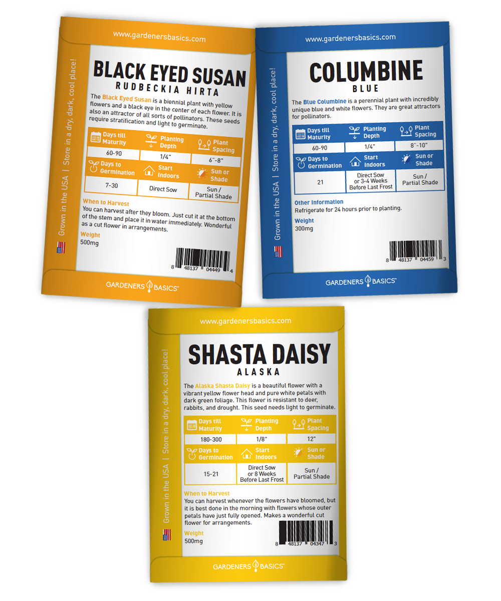 Backs of Black Eyed Susan, blue columbine and Alaska Shasta daisy seed packets with planting and growing instructions