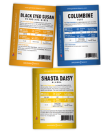 Backs of Black Eyed Susan, blue columbine and Alaska Shasta daisy seed packets with planting and growing instructions