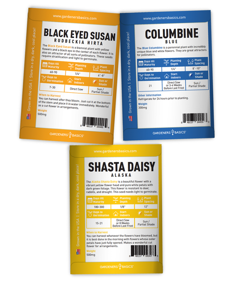 Backs of Black Eyed Susan, blue columbine and Alaska Shasta daisy seed packets with planting and growing instructions