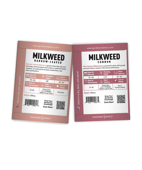 Two seed packets of Gardeners' Basics Milkweed Common seeds shown side by side on a plain white background, displaying planting and care instructions.