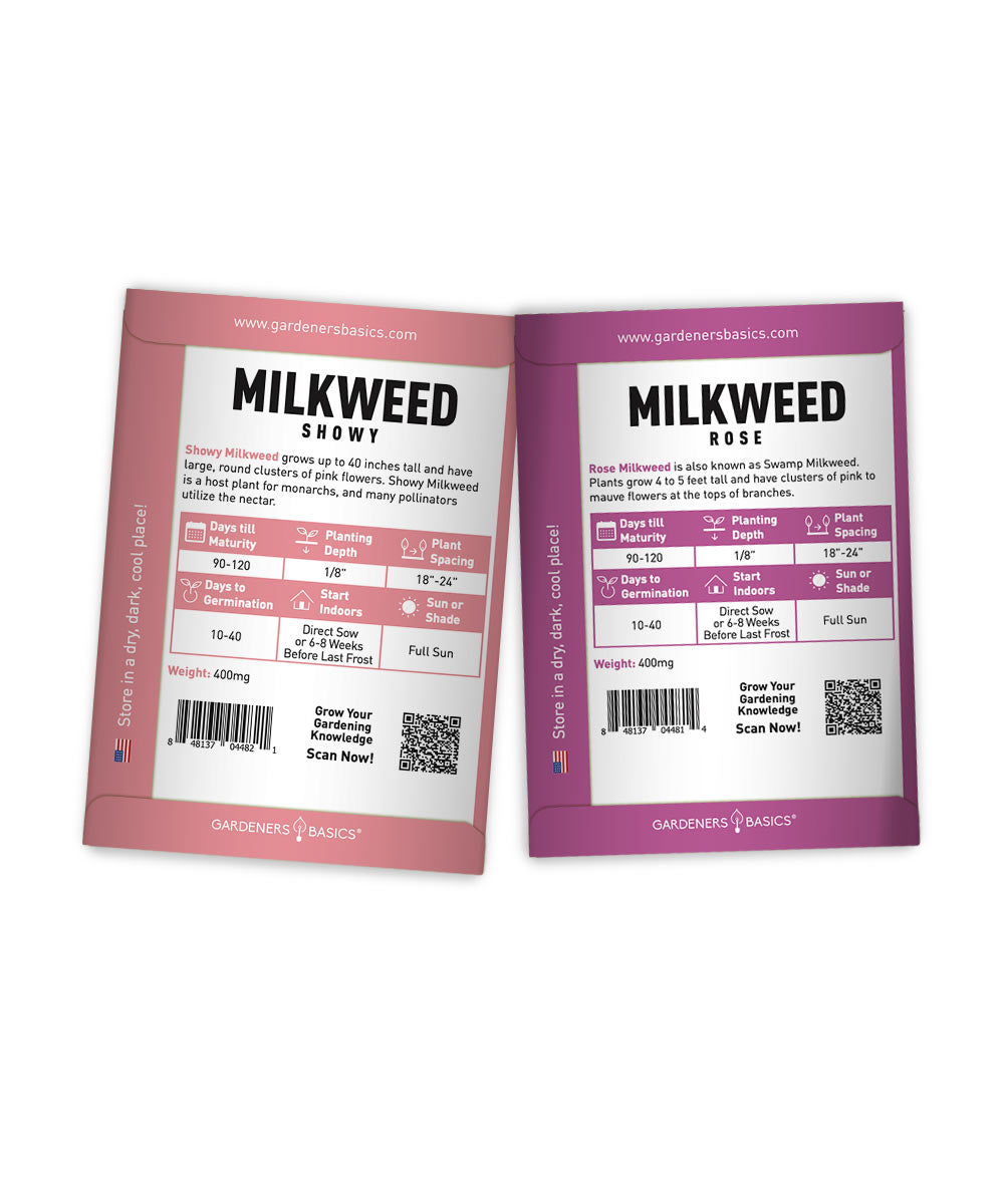 Two seed packet cards for Gardeners Basics Milkweed Showy and Milkweed Rose seeds, displayed side-by-side on a plain white background.