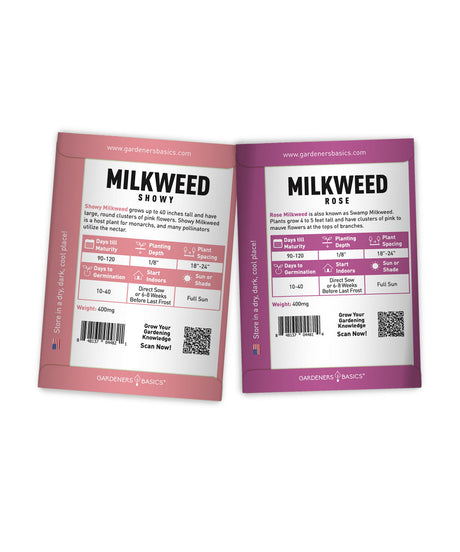 Two seed packet cards for Gardeners Basics Milkweed Showy and Milkweed Rose seeds, displayed side-by-side on a plain white background.