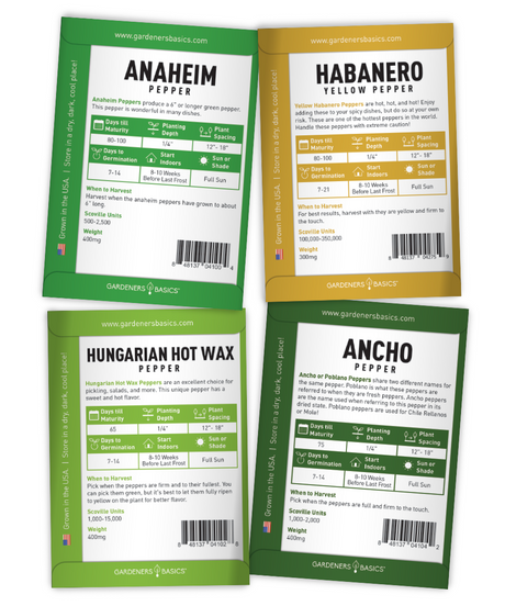 Planting directions on Anaheim, Habanero, Hungarian Wax and Ancho pepper packet backs