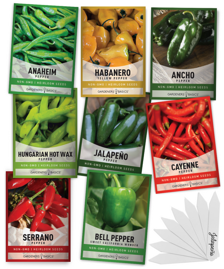 Eight pepper seed packets with eight white plant markers