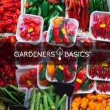 Assorted peppers in containers with 'Gardeners Basics' logo overlay.