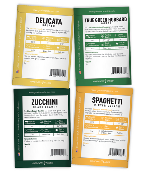 Backs of Delicata, True Green Hubbard, Round Zucchini and Spaghetti squash seed packets with planting directions