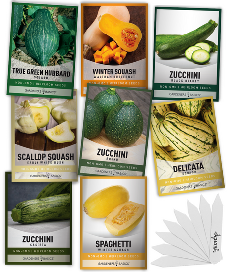 Eight Gardeners Basics squash seed packets with eight white plant markers