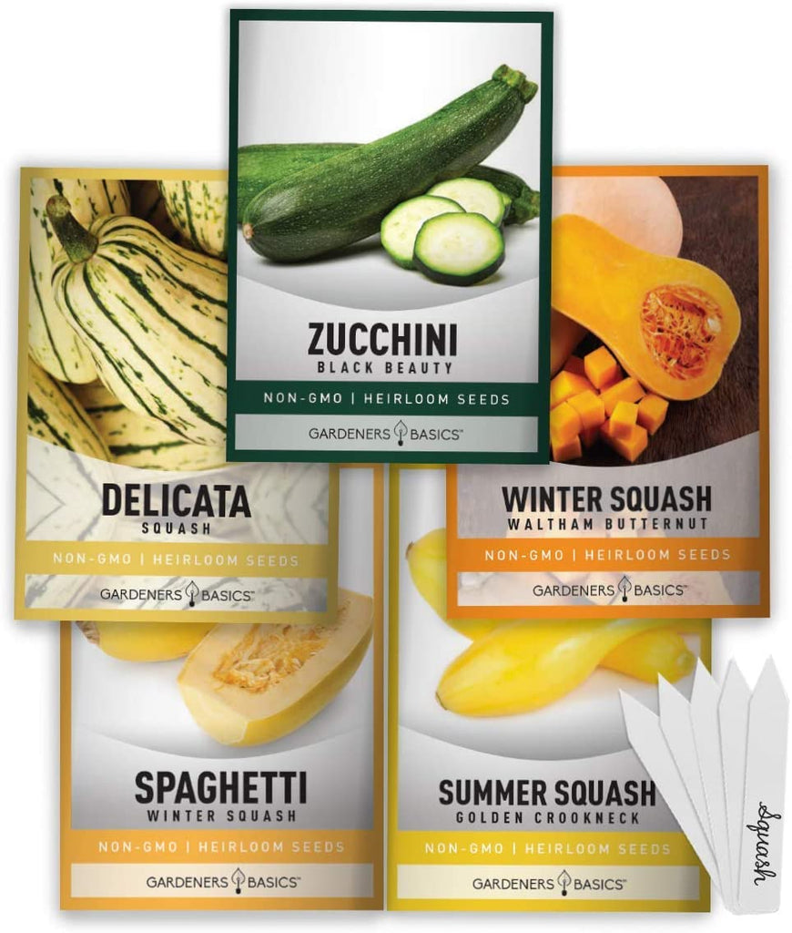 Your Non-GMO Heirloom Squash Garden Starter Pack: Zucchini, Delicata, Butternut, Spaghetti, Golden Crookneck