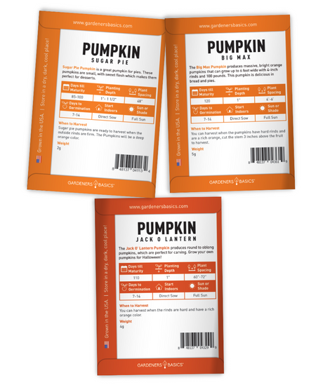 Gardeners Basics pumpkin seed packets sourced and packaged in the USA