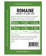 Back of Parris Island Cos romaine lettuce seed packet with planting directions