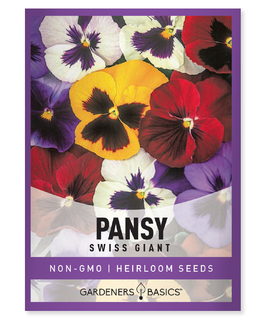 Pansy Swiss Giants Mix, seed mix, heirloom pansy, mixed colors, Viola wittrockiana, perennial, full sun, partial shade, moderate moisture, height 6-8 inches, spring blooming, fall blooming, edible flowers, garden bed, borders, containers, cold resistant