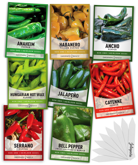 Gardeners Basics 8-variety pepper seeds for planting with labeled seed packets and eight plant markers