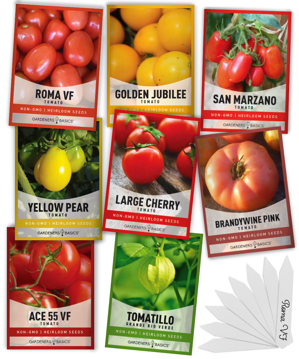 garden tomato seeds Gardeners Basics, Heirloom Tomatoes for Planting 8 Variety Pack, San Marzano, Roma VF, Large Cherry, Ace 55 VF, Yellow Pear, Tomatillo, Brandywine
